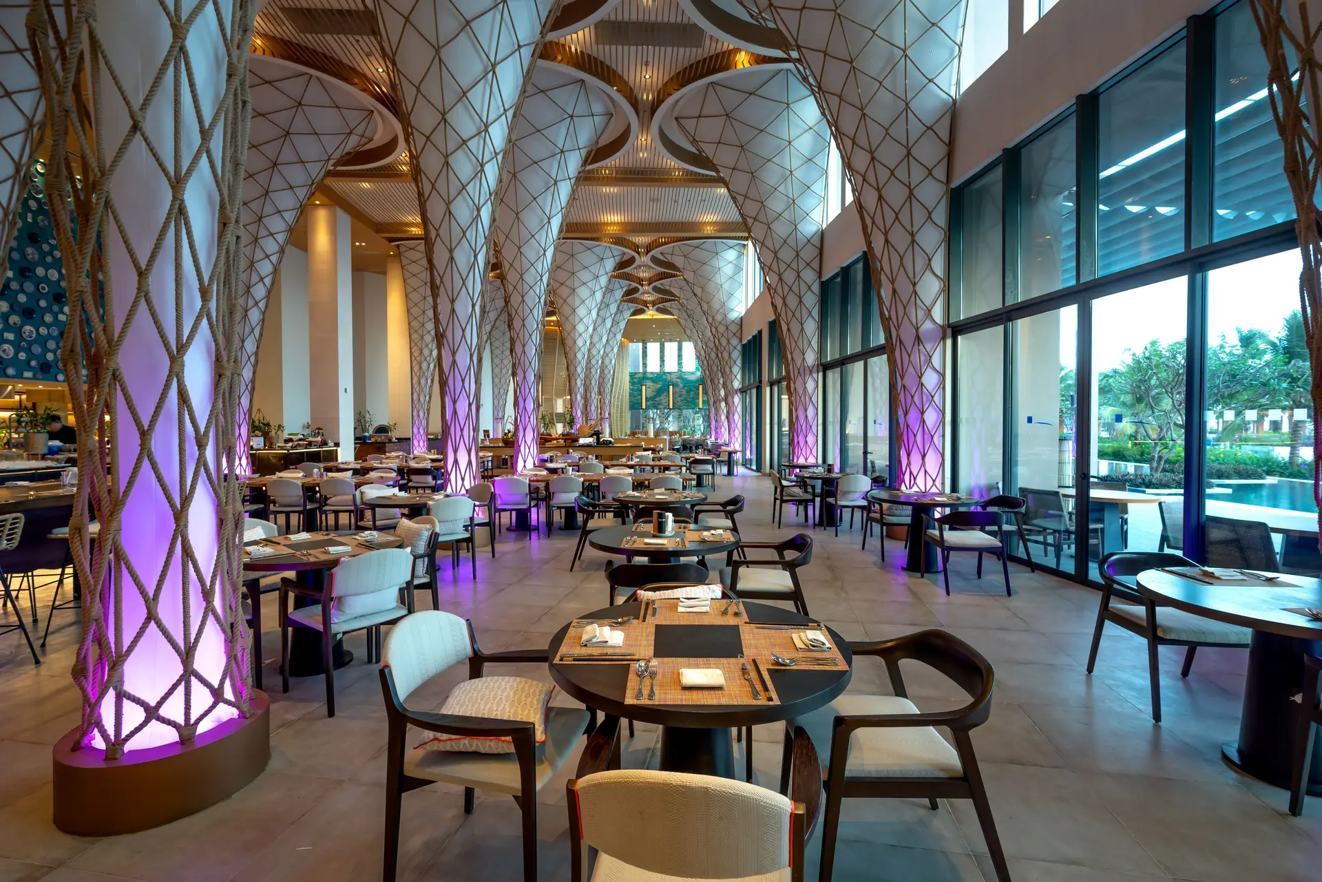 Cinematic hotel dining interior